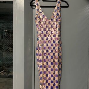 Fashion Nova Sequin Checkered Midi Dress - Purple and Cream